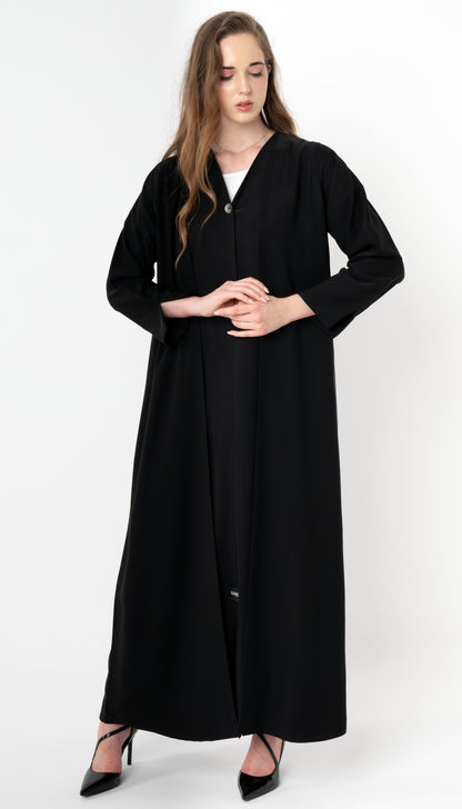 Double Layered Abaya With Elegantly Embellished Button Adorning The Front