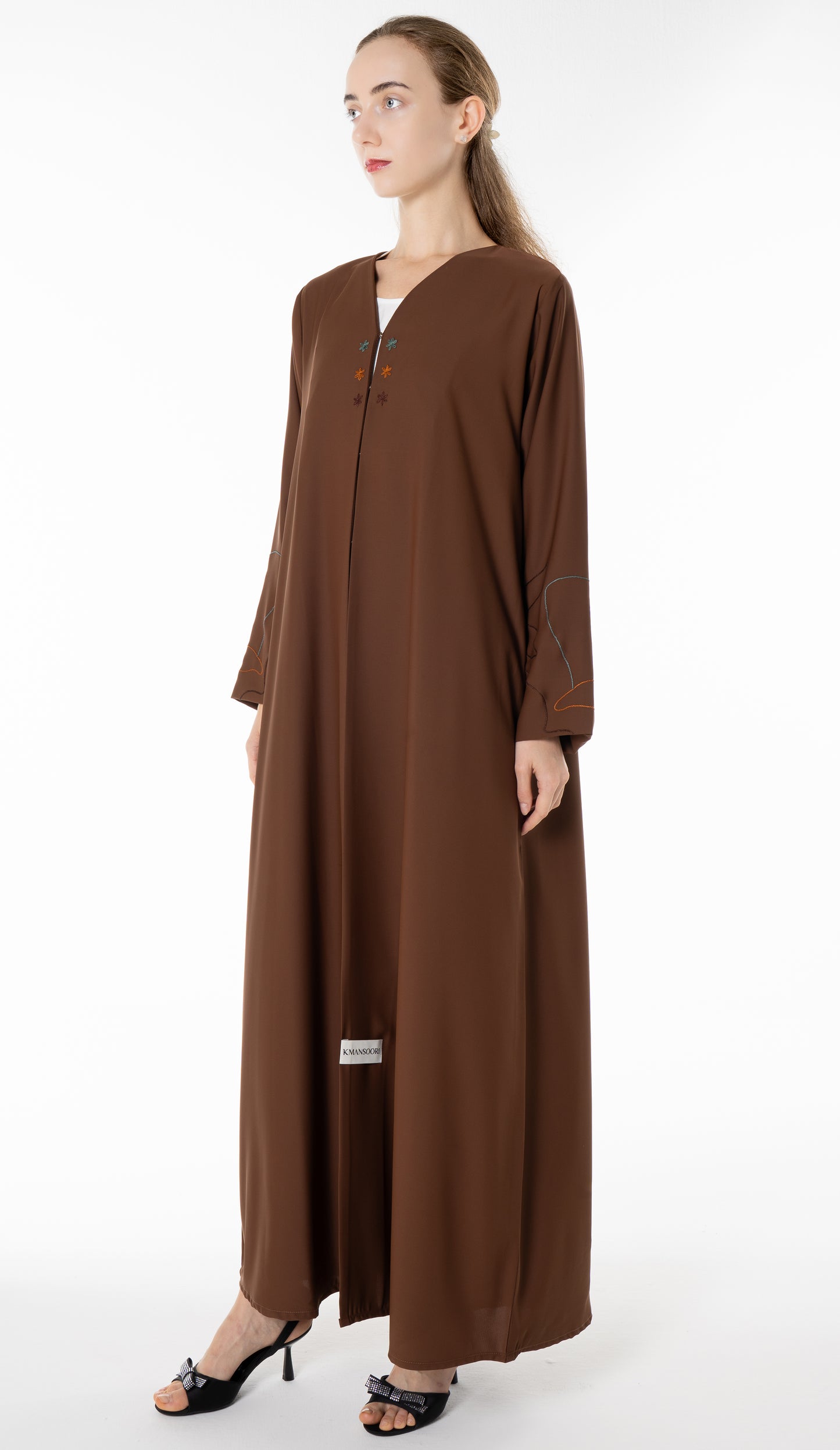 Elegant Brown Abaya with Floral Threadwork Detailing
