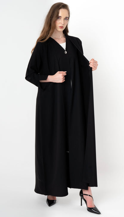 Double Layered Abaya With Elegantly Embellished Button Adorning The Front