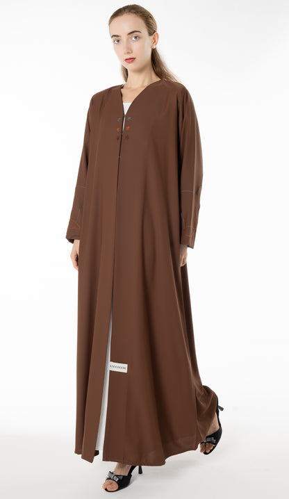 Elegant Brown Abaya with Floral Threadwork Detailing