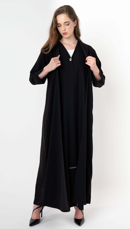 Double Layered Abaya With Elegantly Embellished Button Adorning The Front
