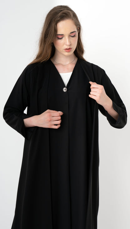 Double Layered Abaya With Elegantly Embellished Button Adorning The Front