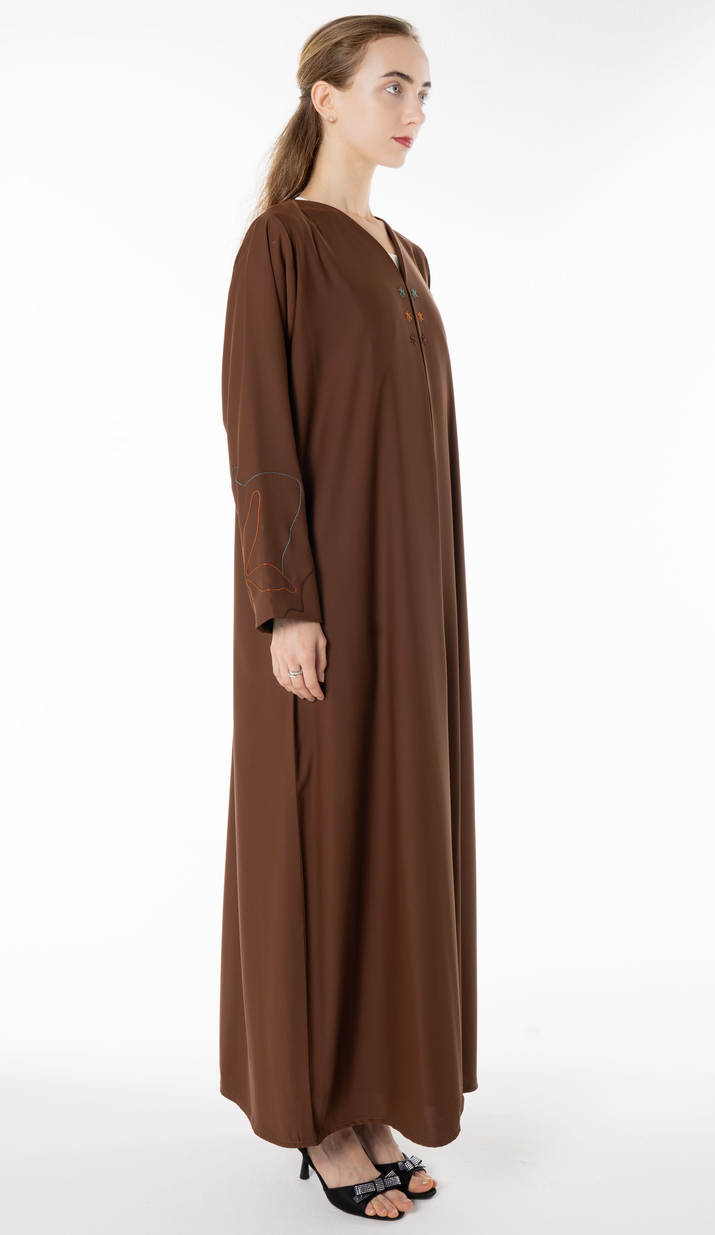 Elegant Brown Abaya with Floral Threadwork Detailing