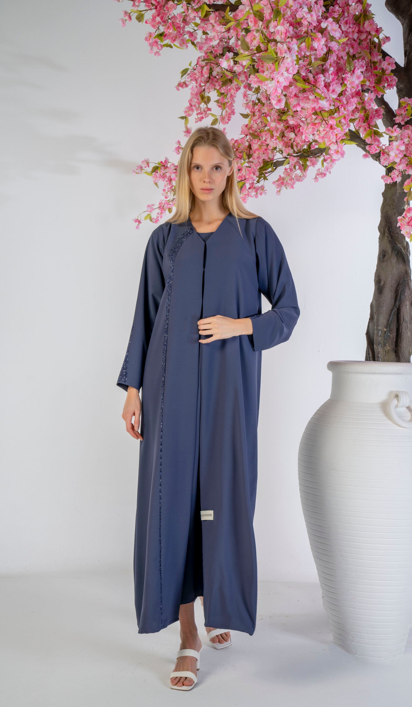 Soft Fabric Abaya With Elegant Curve Line Pattern Bead Work On Front