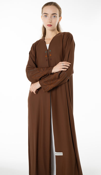 Elegant Brown Abaya with Floral Threadwork Detailing