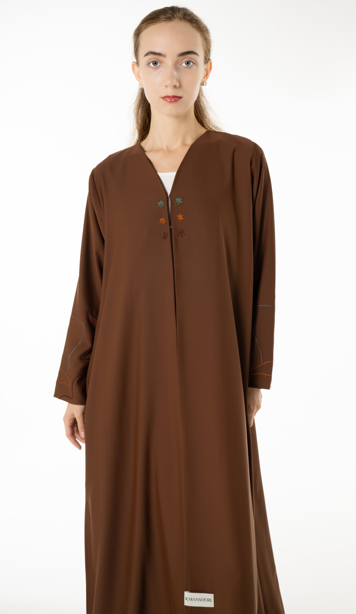 Elegant Brown Abaya with Floral Threadwork Detailing