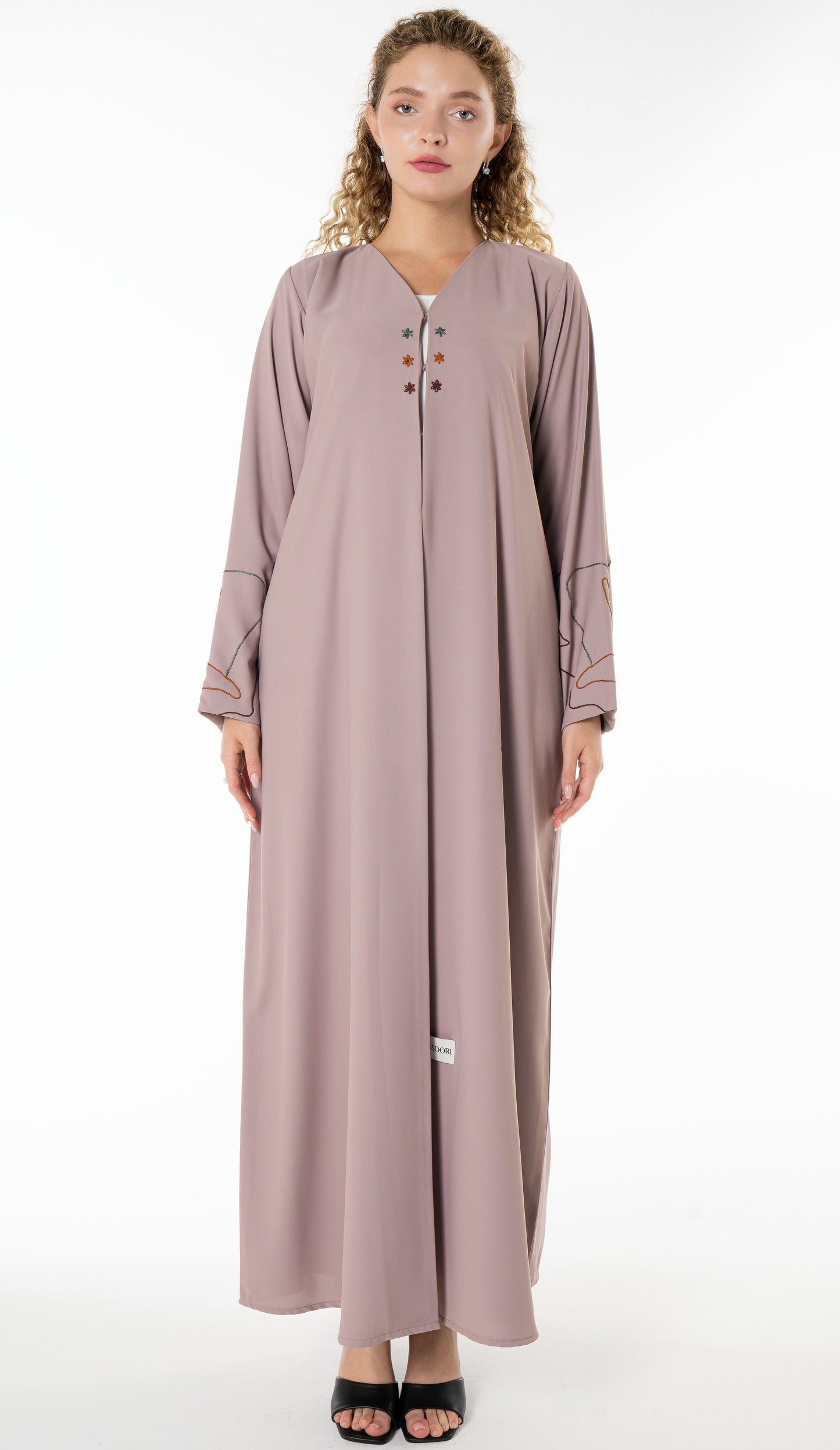 Elegant Beige Abaya with Floral Threadwork Detailing