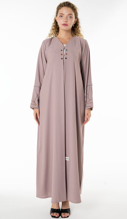 Elegant Beige Abaya with Floral Threadwork Detailing
