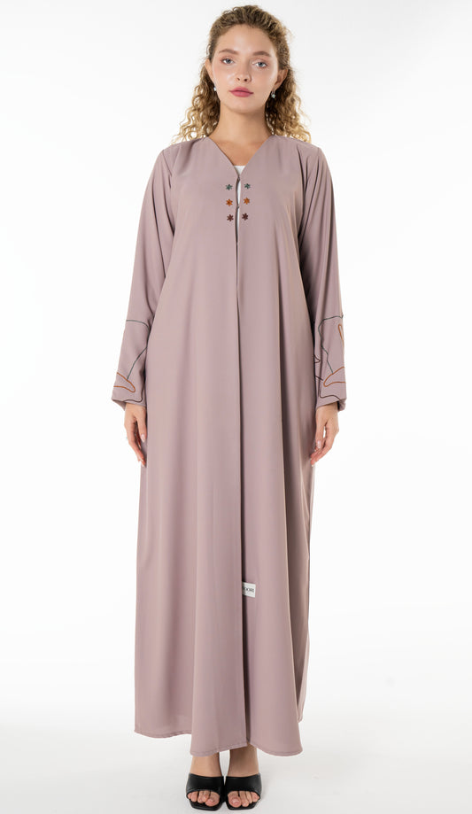 Elegant Beige Abaya with Floral Threadwork Detailing