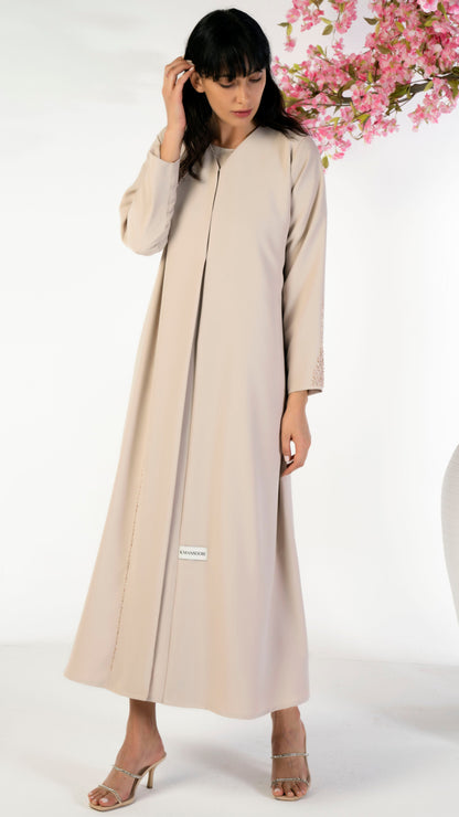 Soft Fabric Abaya With Elegant Curve Line Pattern Bead Work On Front