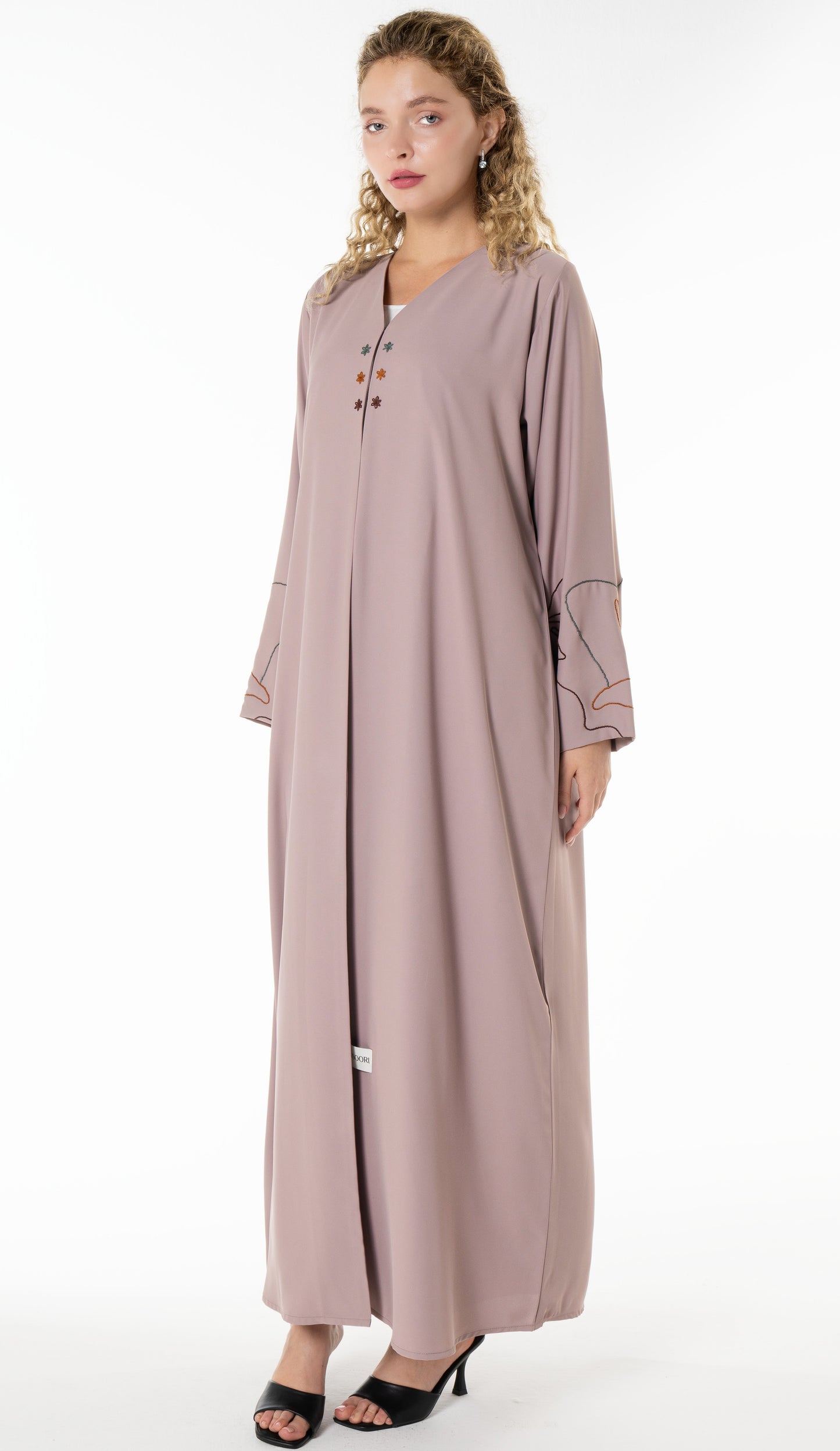 Elegant Beige Abaya with Floral Threadwork Detailing