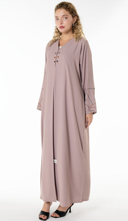 Elegant Beige Abaya with Floral Threadwork Detailing