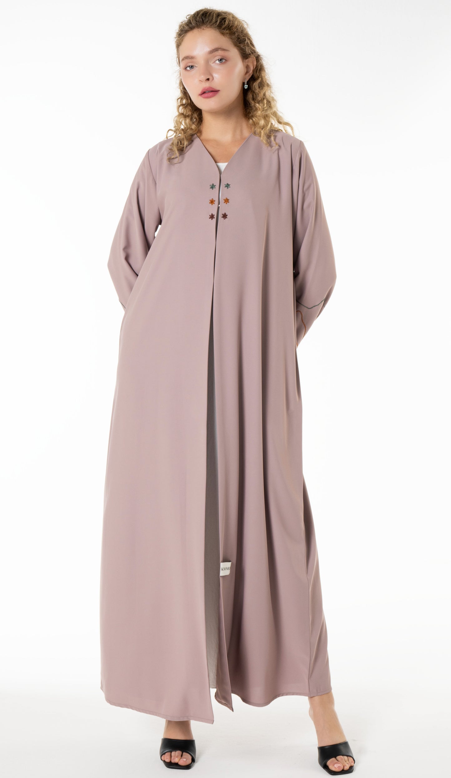 Elegant Beige Abaya with Floral Threadwork Detailing