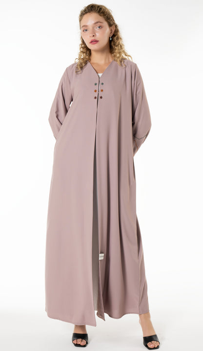 Elegant Beige Abaya with Floral Threadwork Detailing