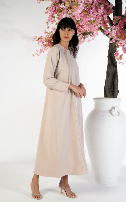 Soft Fabric Abaya With Elegant Curve Line Pattern Bead Work On Front