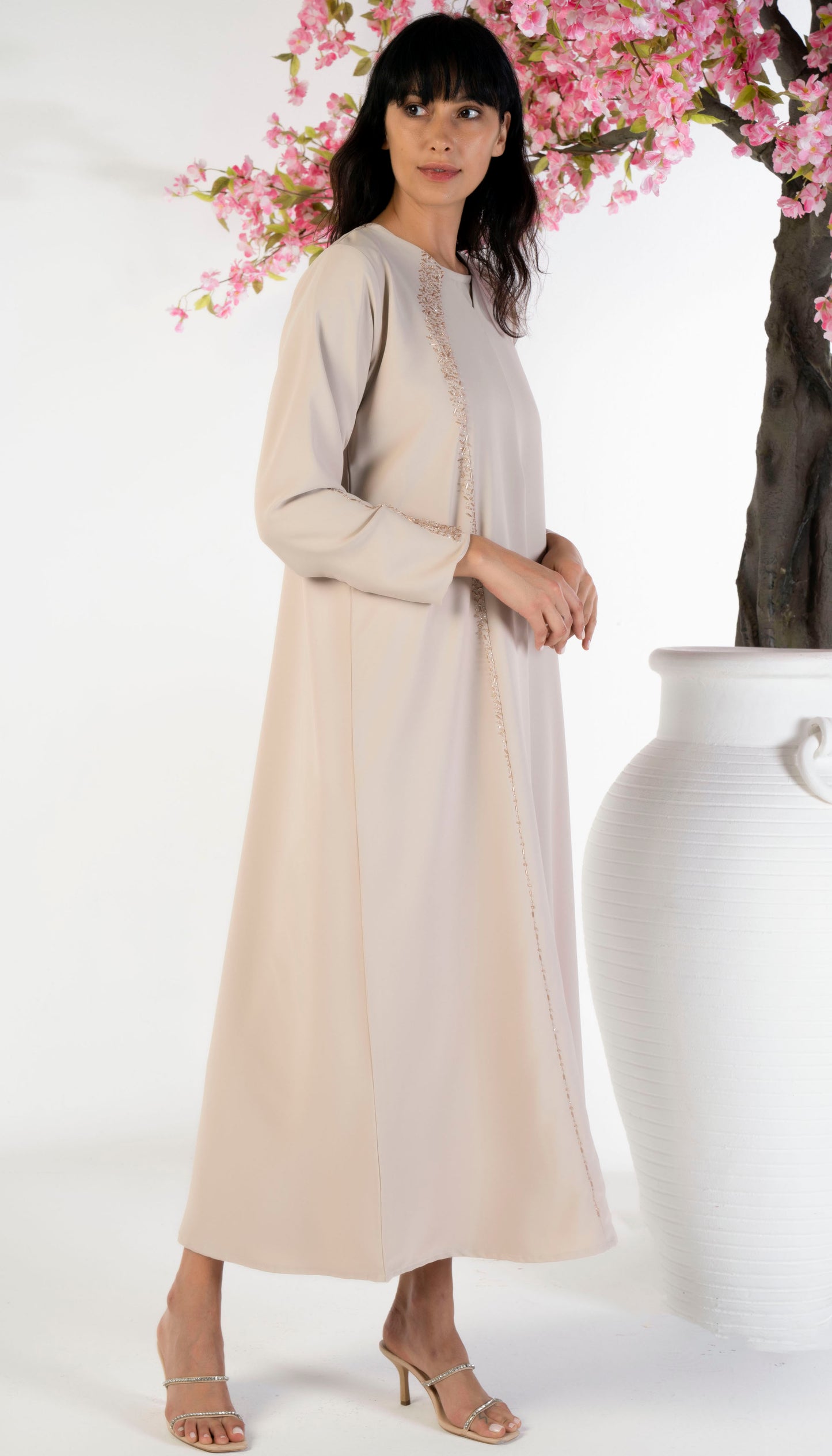 Soft Fabric Abaya With Elegant Curve Line Pattern Bead Work On Front