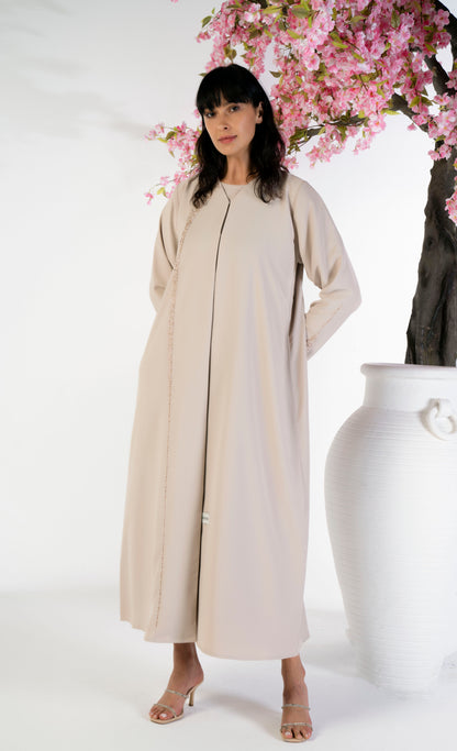 Soft Fabric Abaya With Elegant Curve Line Pattern Bead Work On Front