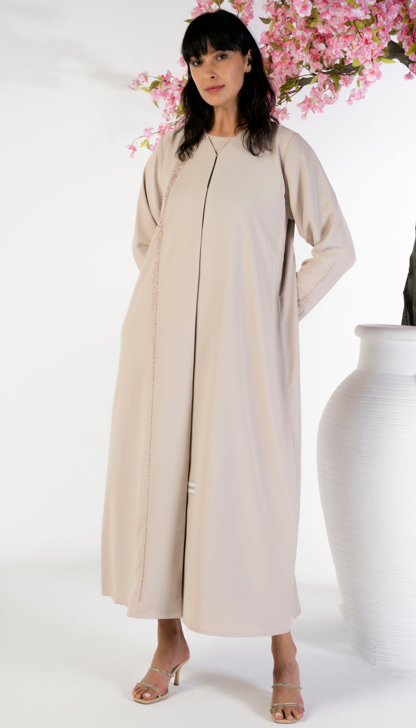 Soft Fabric Abaya With Elegant Curve Line Pattern Bead Work On Front