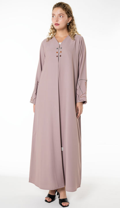 Elegant Beige Abaya with Floral Threadwork Detailing