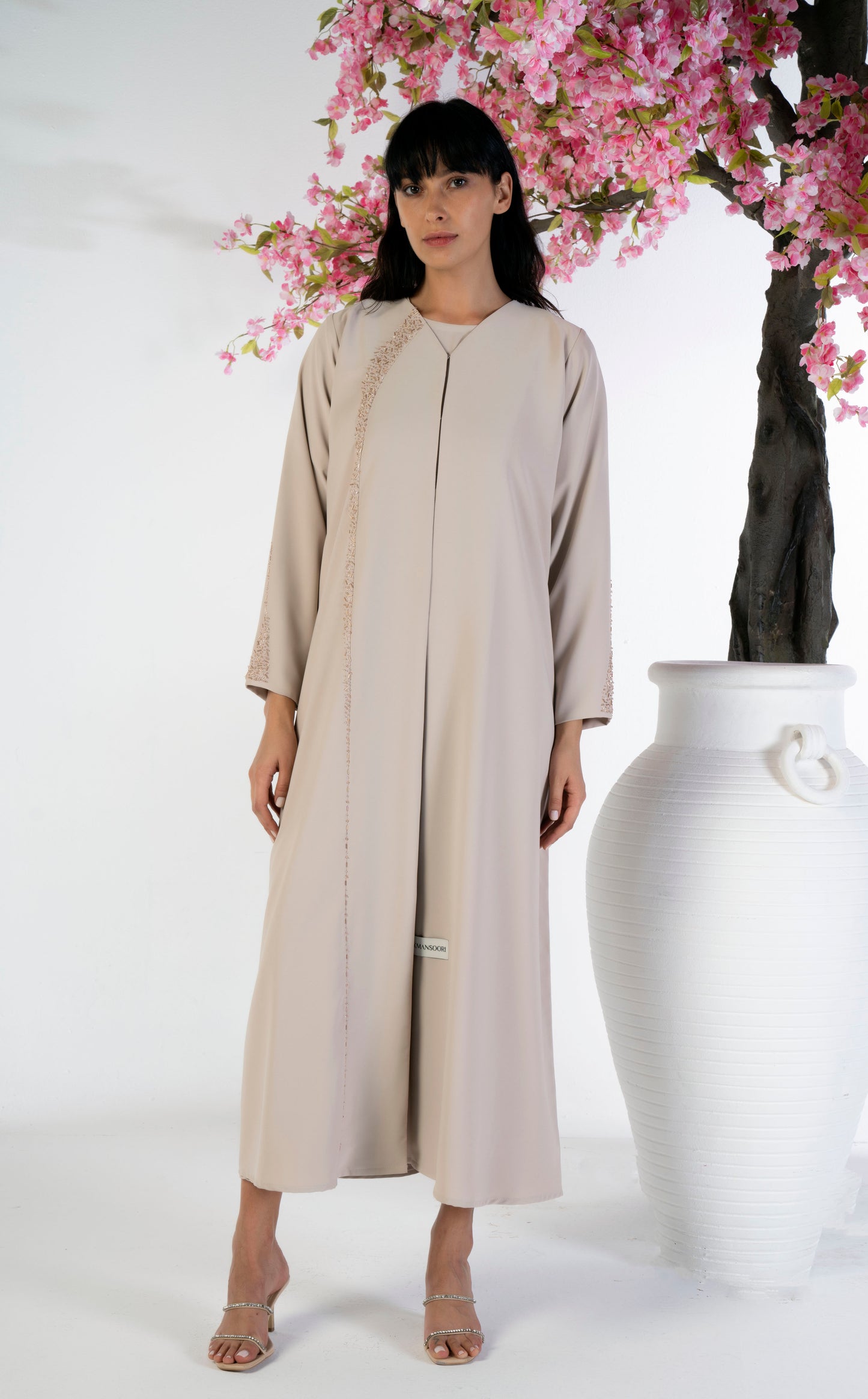Soft Fabric Abaya With Elegant Curve Line Pattern Bead Work On Front