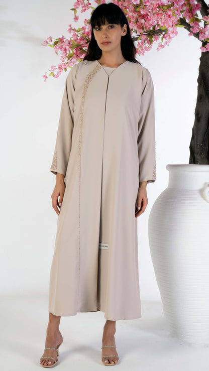 Soft Fabric Abaya With Elegant Curve Line Pattern Bead Work On Front