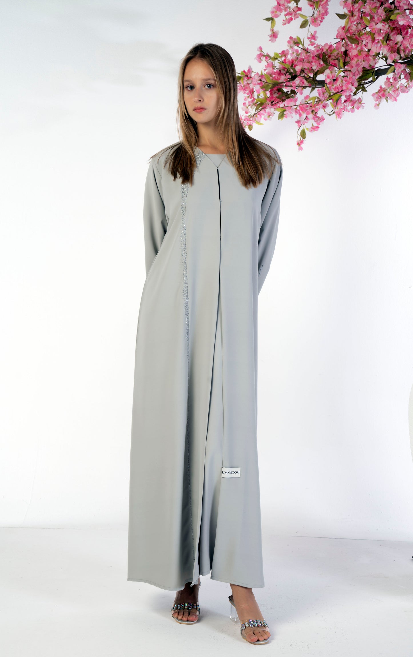 Soft Fabric Abaya With Elegant Curve Line Pattern Bead Work On Front