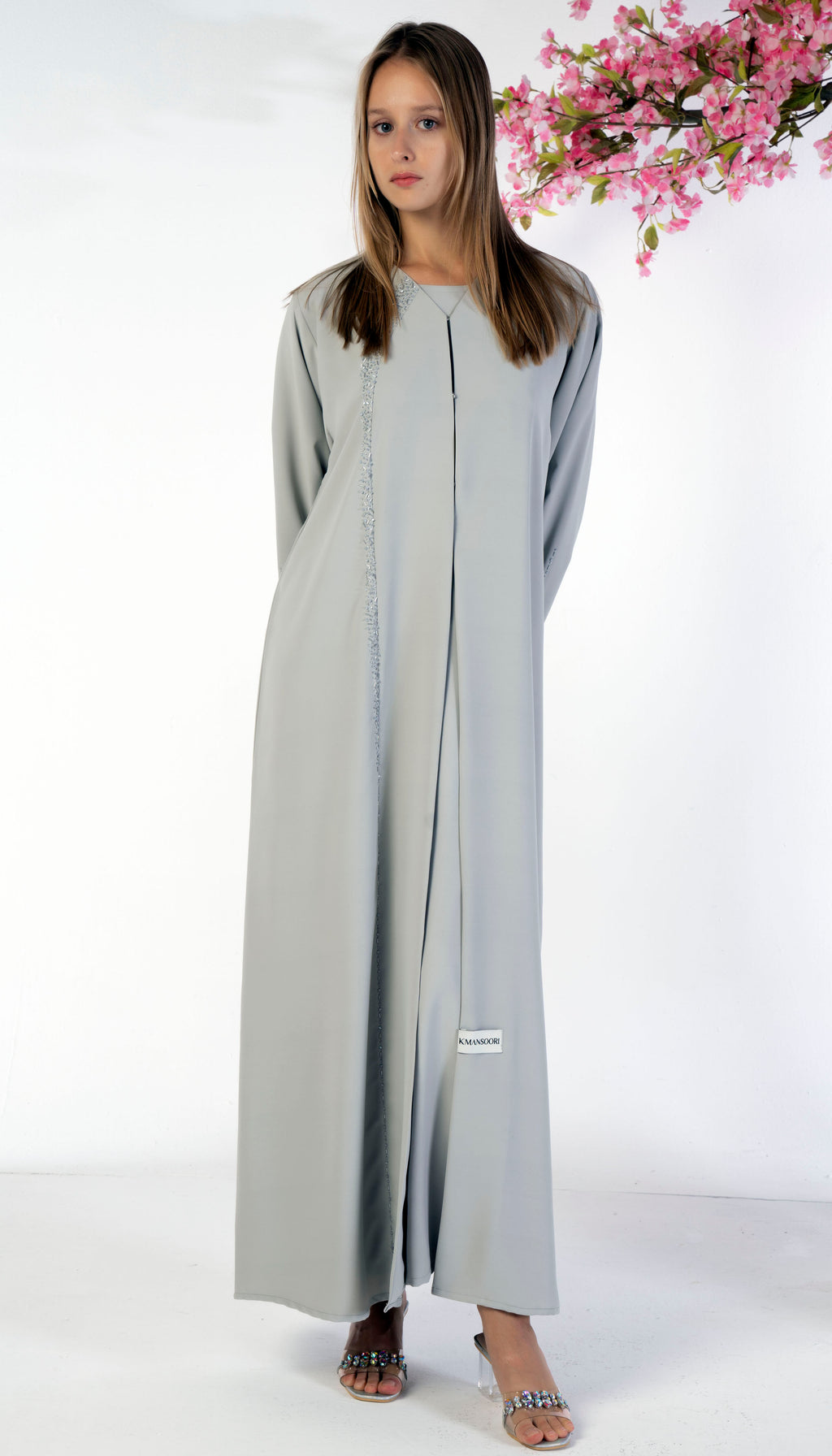 Soft Fabric Abaya With Elegant Curve Line Pattern Bead Work On Front