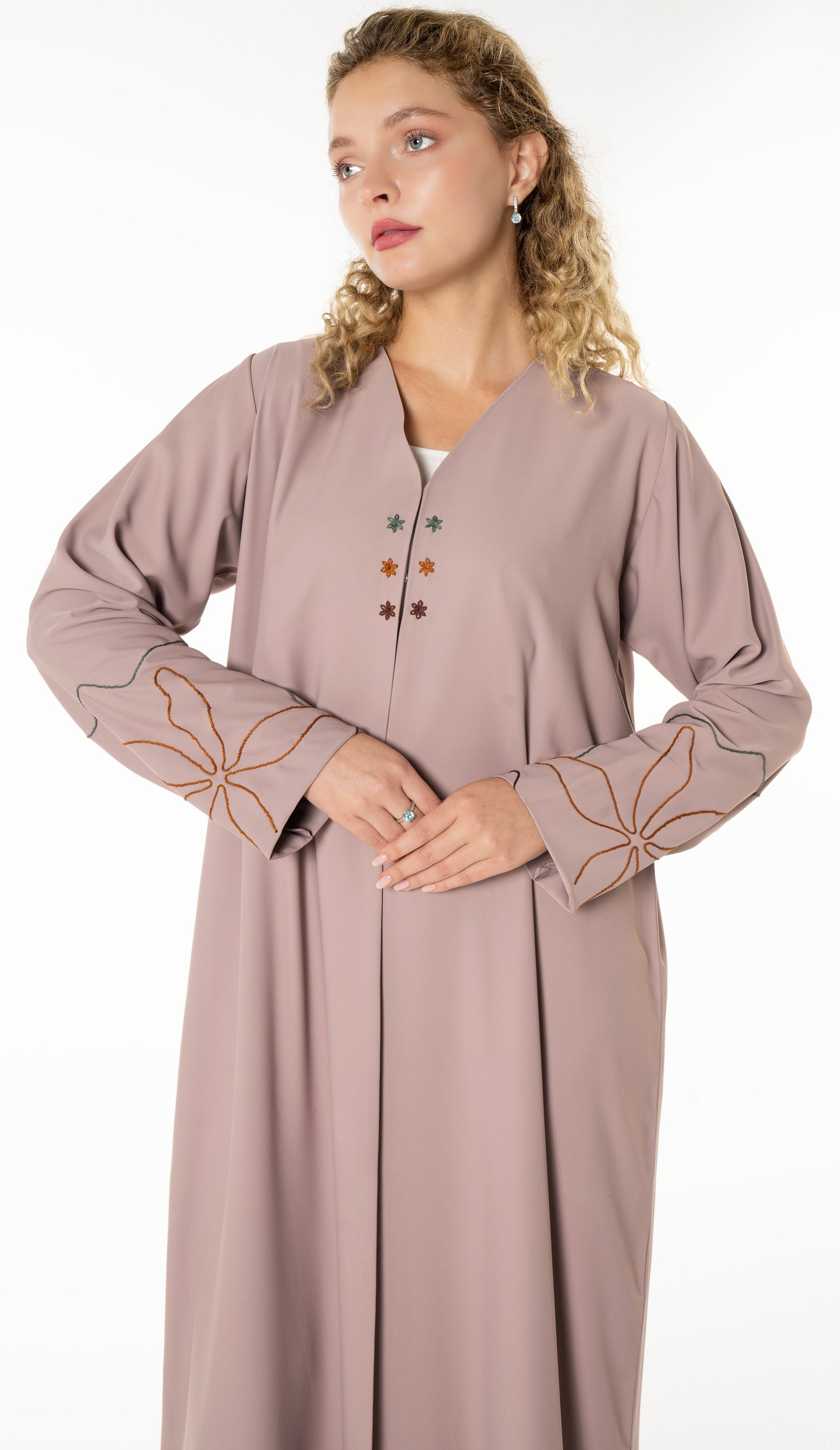 Elegant Beige Abaya with Floral Threadwork Detailing