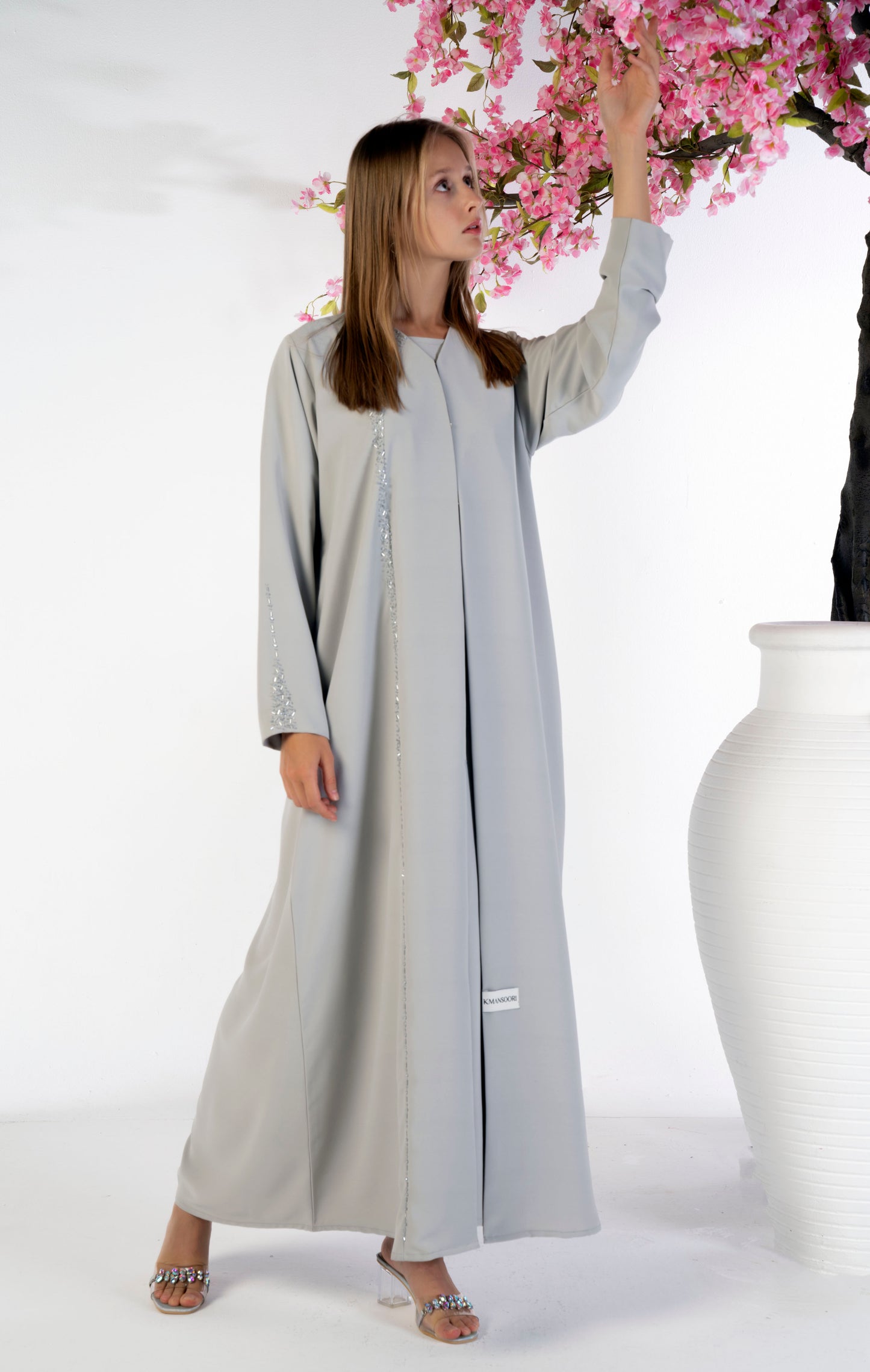 Soft Fabric Abaya With Elegant Curve Line Pattern Bead Work On Front