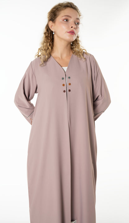 Elegant Beige Abaya with Floral Threadwork Detailing