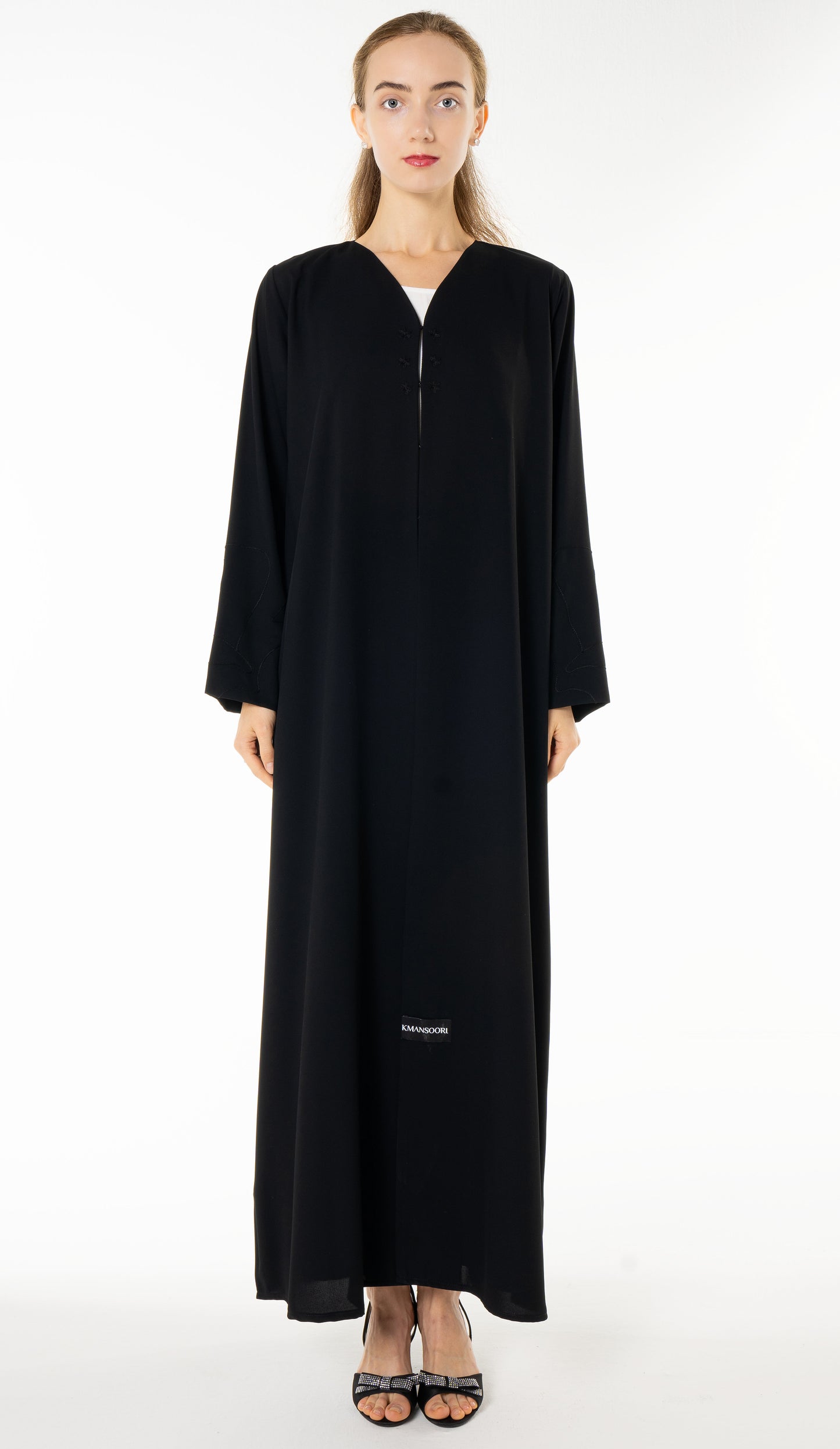 Elegant Black Abaya with Floral Threadwork Detailing