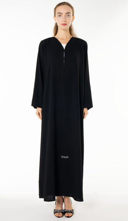 Elegant Black Abaya with Floral Threadwork Detailing