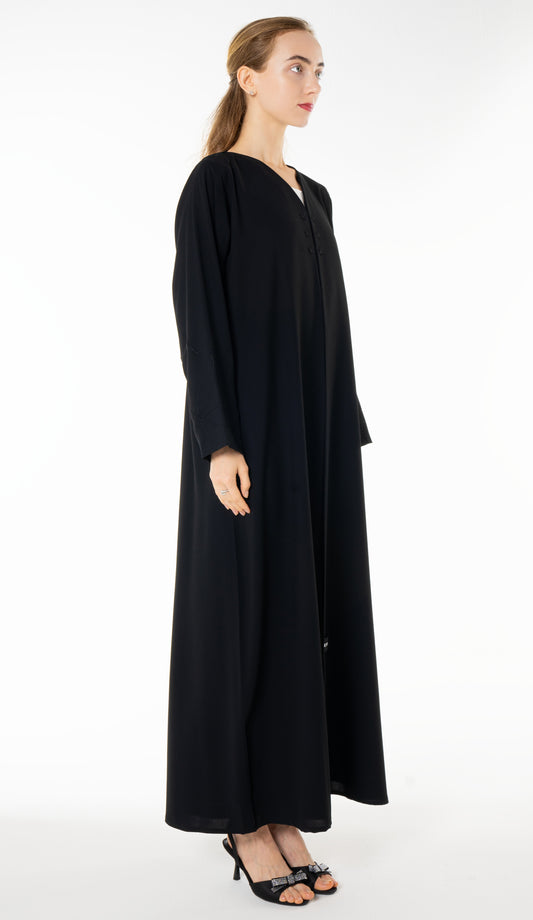 Elegant Black Abaya with Floral Threadwork Detailing