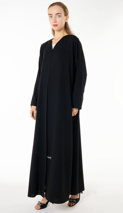 Elegant Black Abaya with Floral Threadwork Detailing