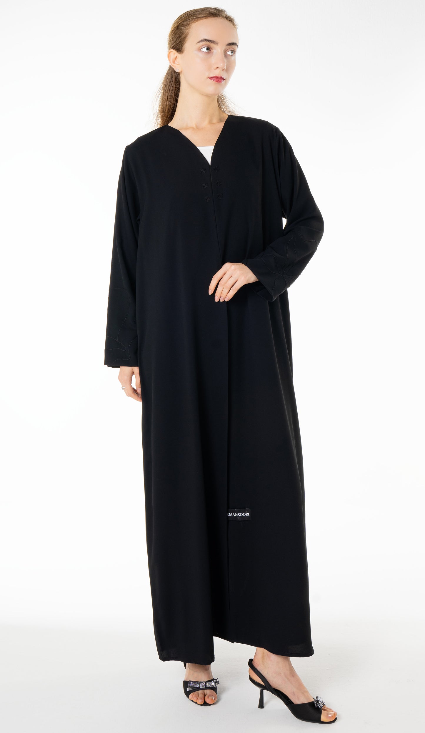 Elegant Black Abaya with Floral Threadwork Detailing