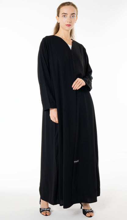 Elegant Black Abaya with Floral Threadwork Detailing