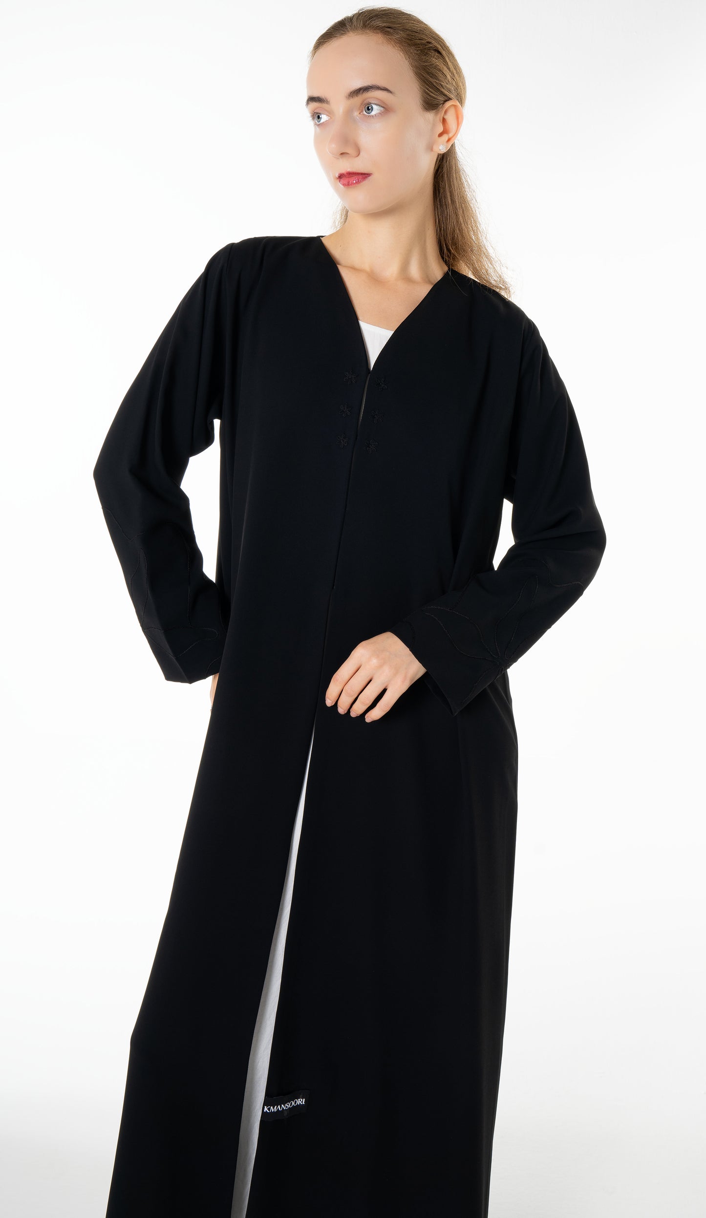 Elegant Black Abaya with Floral Threadwork Detailing