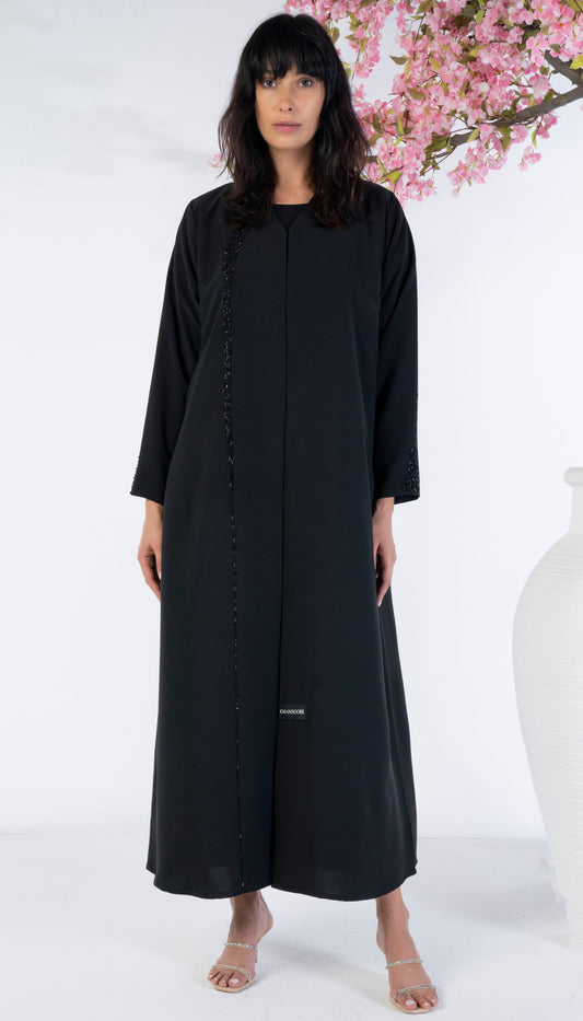 Soft Fabric Abaya With Elegant Curve Line Pattern Bead Work On Front