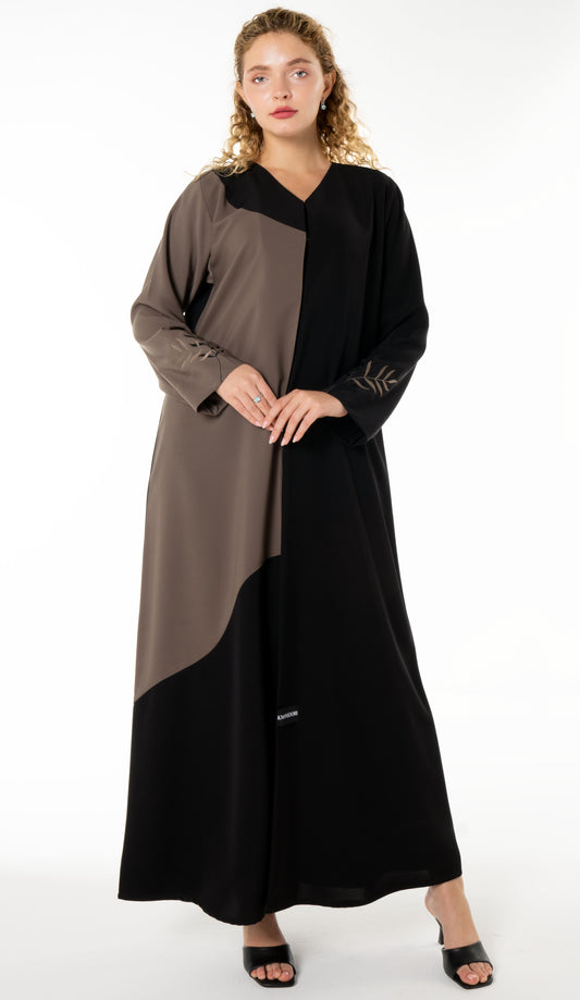 Contrast Color Abaya With Simple Floral Embroidery On Sleeves