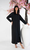 Black abaya with curve line pattern bead work on front