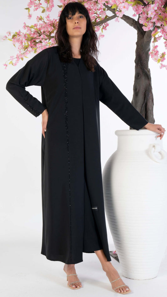 Black abaya with curve line pattern bead work on front