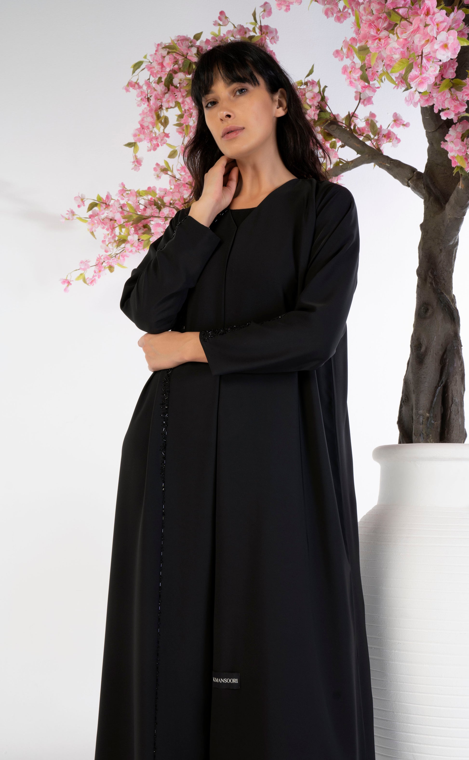 Soft Fabric abaya for women with curve line pattern bead work on front