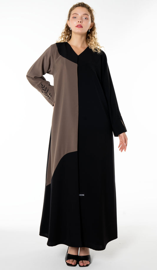 Contrast Color Abaya With Simple Floral Embroidery On Sleeves