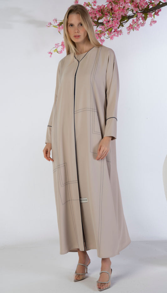 Beige Abaya With Blue Color Geometrical Stich Line And Piping