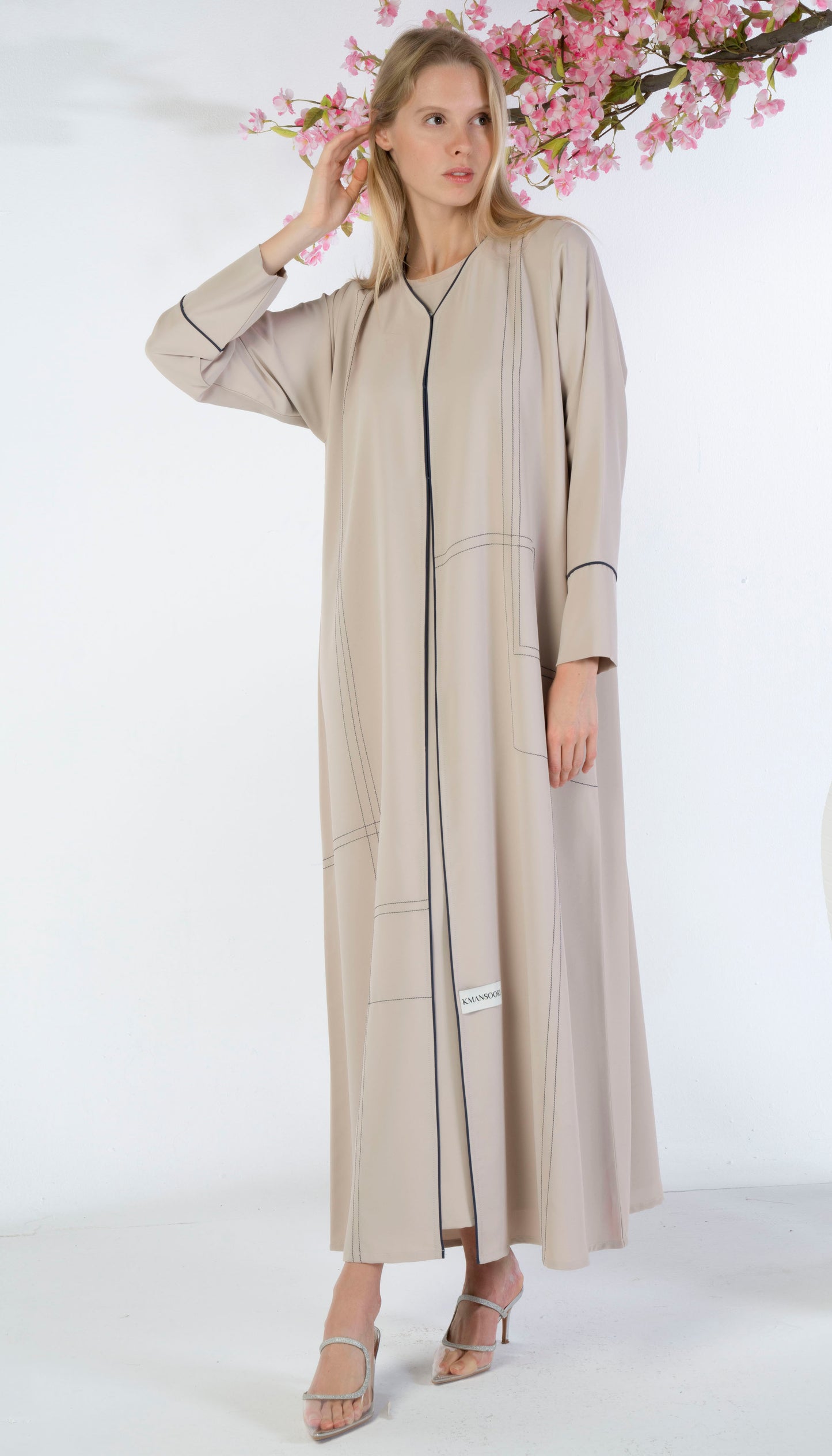 Beige Abaya With Blue Color Geometrical Stich Line And Piping