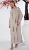 Beige Abaya With Blue Color Geometrical Stich Line And Piping