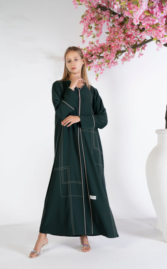 Green Abaya With Beige Color Geometrical Stich Line And Piping