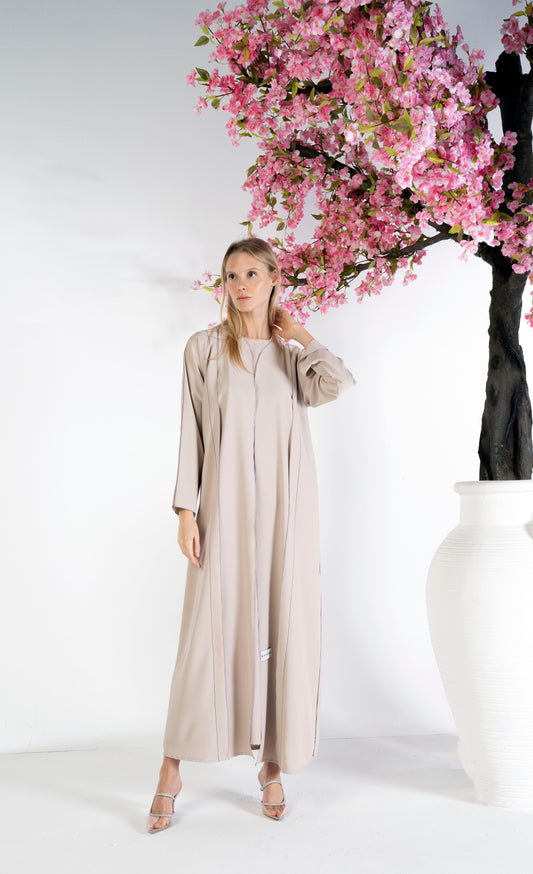 Beige abaya with contrast color stitch line