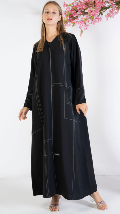 Black abaya with grey color geometrical stitch line and piping 