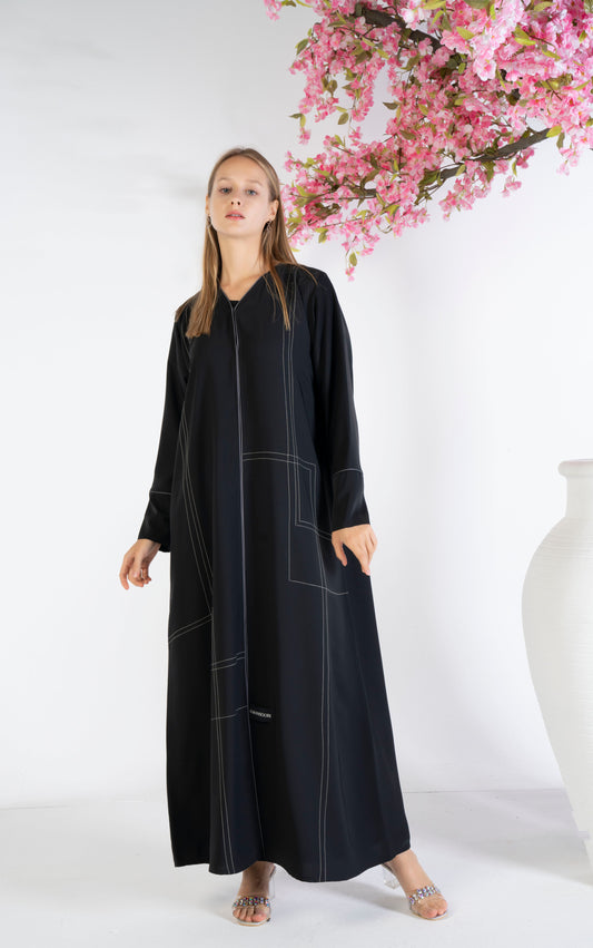 Black abaya with grey color geometrical stitch line and piping 